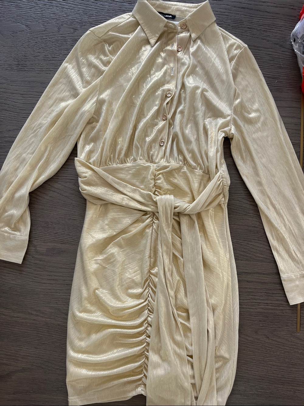 Fashion Nova Light Cream Shimmer Shirtdress with Waist Tie